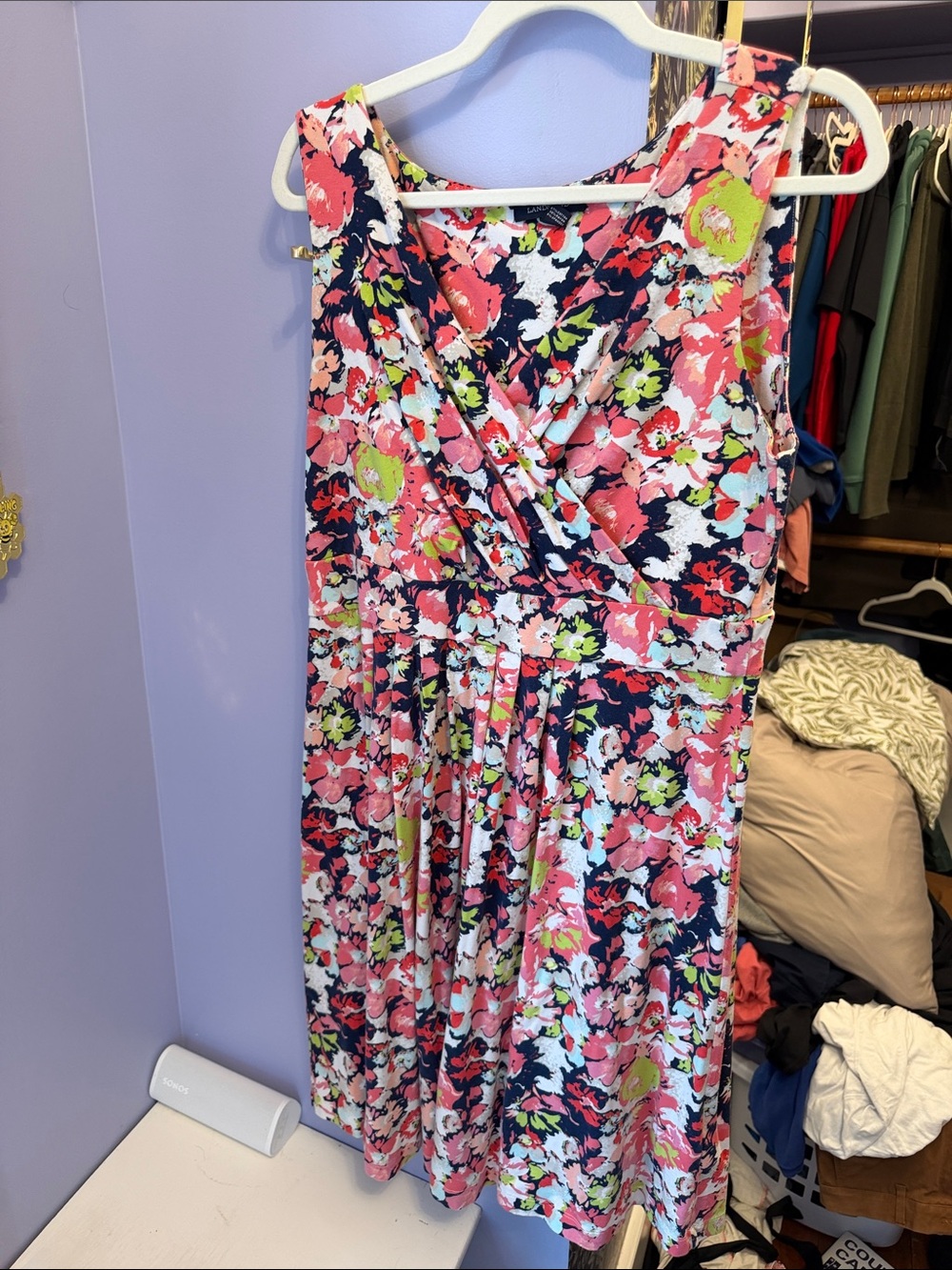 Lands' End Floral Sleeveless Navy Pink Green Wrap Dress